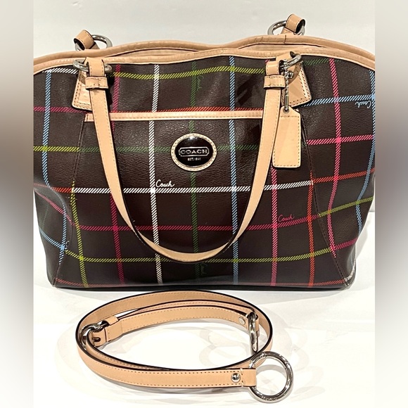 Coach 2013 Peyton Tattersall Leather Shoulder/Tote Bag w/ Removable Strap GUC! - Picture 2 of 11